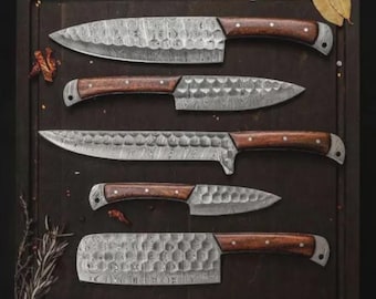 Handmade Damascus Steel Chef Knife Set - 5 Piece Wooden Handle | Gift for him
