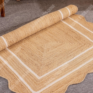 Handwoven Scalloped Jute Rug, Natural Fiber Bohemian Rug
