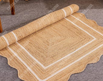 Handwoven Scalloped Jute Rug, Natural Fiber Bohemian Rug