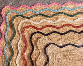 Scalloped Jute Rug,Every Color Scallop Rug,Wave Edge Rug,Natural Jute Area Rug /Doormat,Handbraided Rug,Boho Custom Size Rug,,Decorative Rug