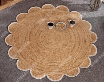 Handmade Jute Round Area Rug: Braided with White Scallop Border Custom Size Rug,