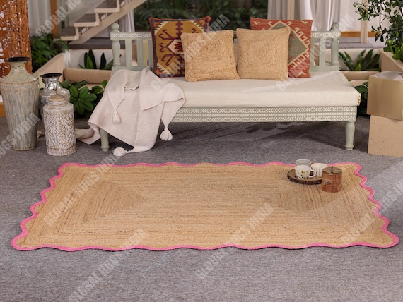 Handmade Pink Scallop Jute Rug – Boho Decor