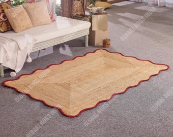 Jute Rug -Scalloped Rug ,Jute Scalloped Rug,Natural Jute Area Rug ,Bohemian Red Scallop Edge,Jute Rug Rectangular,Custom Rug ,Decorative Rug