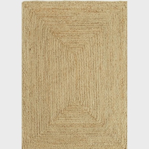 May include: Rectangular jute rug with a natural, light brown color. The rug features a woven design with a rectangular border and a central rectangular pattern. This rug is suitable for various home decor styles.