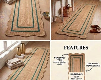 Scalloped Jute Runner Rug - Green, Hallway Runner Rug, Braided Jute Runner Rug, Kitchen Runner Rug, Entryway Rug, Handmade Jute Rug, Gifts