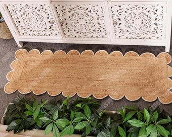 Handwoven Jute Runner Rug, Scalloped White Border, Boho Style