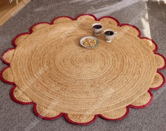 Handmade Braided Jute Round Rug, Scalloped Boho Decor