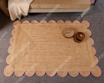 Hand Braided Jute Rug, Scalloped Border, Bohemian Rug (2x6 ft)