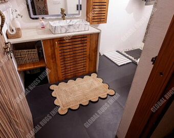 Handwoven Jute Scalloped Rug: Rustic Farmhouse Tabletop Mat