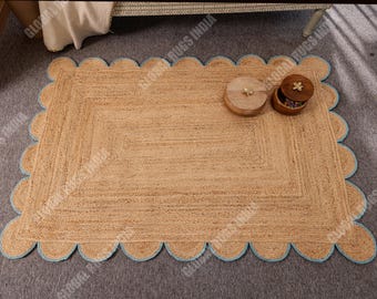 Handmade Jute Area Rug, Sky Blue Scallop Border, Boho Decor