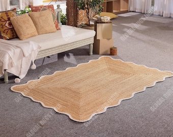 Handmade Jute Area Rug – Rustic Wave Edge, 5x8 ft