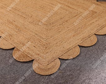 Handwoven Scalloped Jute Rug, Braided Boho Area Rug
