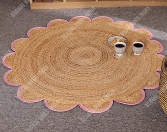 Tapete de juta trançada: Tapete boho redondo com bordas onduladas, ecológico.