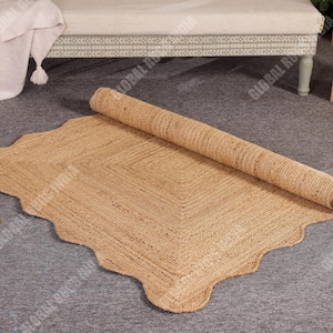 Alfombra de yute hecha a mano con borde festoneado, estilo boho, tamaño personalizado
