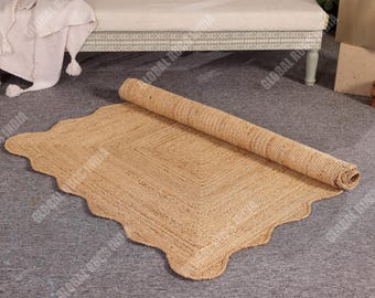 Handmade Jute Scalloped Rug, Bohemian Style, Custom Size