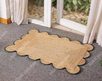 Handwoven Jute Mat, Rustic Scalloped Boho Decor (3ft x 2ft)