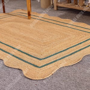 Alfombra de yute festoneada verde esmeralda: alfombra bohemia trenzada a mano, alfombra bohemia, alfombra rectangular de yute, alfombra de yute festoneada, alfombra personalizada, alfombra para exteriores.