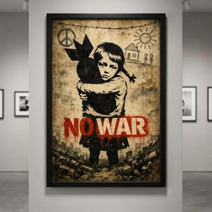 May include: Framed artwork featuring a child embracing a bomb, with the words "NO WAR" in red. The background includes a peace symbol, a sun, a house, and a cityscape, conveying an anti-war message.