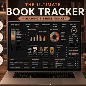 May include: A laptop screen displaying The Ultimate Book Tracker dashboard with reading and series tracking features. The interface includes a monthly reading bar chart, a genre breakdown pie chart, a yearly goal progress ring, and lists for books.