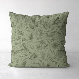 Sage Green Rabbit Throw Pillow: Botanical Fern Pattern Square Lumbar Decorative Cushion