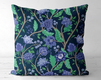 Floral Throw Pillow: Navy Green Botanical Cushion, Chinoiserie Motif, Dark Academia Accent