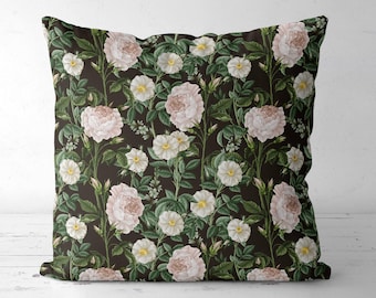 White Rose Floral Throw Pillow: Dark Botanical Cushion, Vintage Garden Style Square Lumbar Pillow