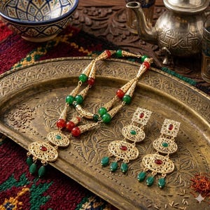Peut inclure: Ensemble collier et boucles d'oreilles dorées avec perles et accents rouges et verts. Les bijoux sont présentés sur un plateau doré décoratif avec des motifs complexes. Les boucles d'oreilles ont un design pendant.