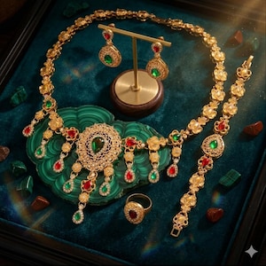 Moroccan Jewelry Set for Caftan, Gold Plated Wedding Jewelry, Emerald and Ruby Crystal Necklace Earrings Ring Bracelet, Traditional Bridal