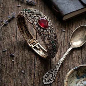 Antique Gold Bangle Bracelet with Red Crystal, Ottoman Style Cuff for Women, Vintage Victorian Jewelry, Ruby Red Stone Bracelet, Gift