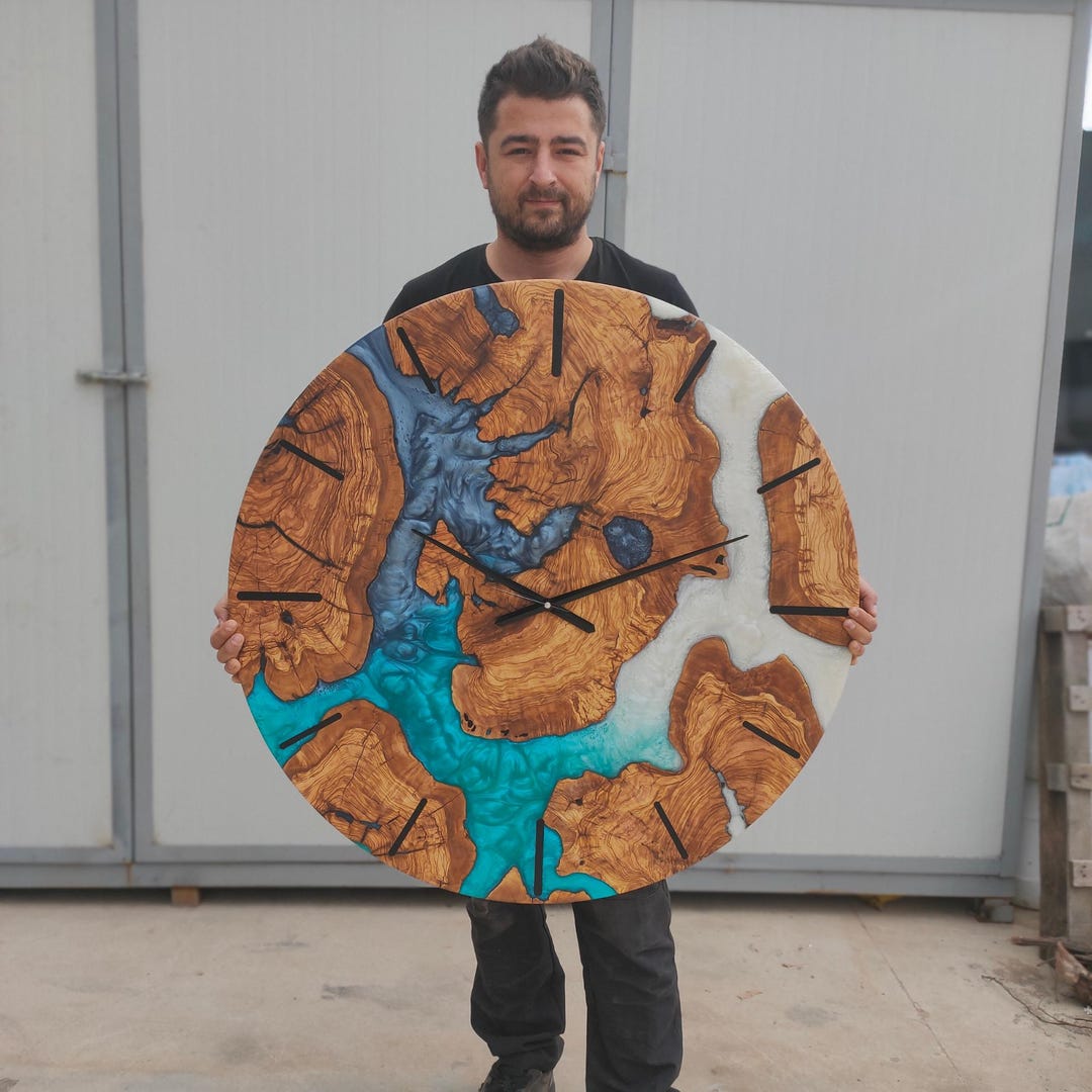 Oversized Epoxy Resin and Olive Wood Wall Clock, Large Live Edge Wood ...