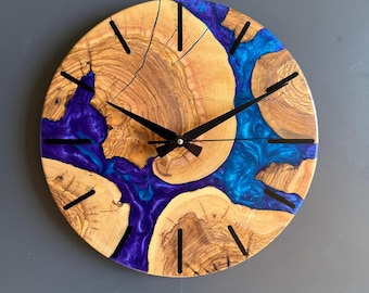 Olive Wood Epoxy Resin Wall Clock, Personalized Wooden Wall Clock: Modern Home Decor