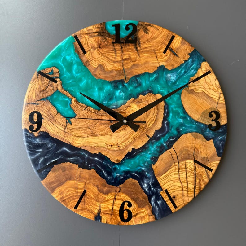 Epoxy Resin and Olive Wood Wall Clock | Live Edge Wood Slice Clock ...