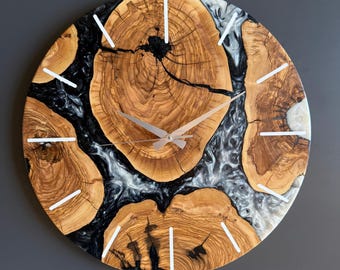 Personalized Wooden Wall Clock, Olive Wood Epoxy Resin Wall Clock: Modern Resin Art