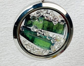 Vivianite & Herkimer Diamond Necklace - UV Reactive Petroleum Quartz Necklace - Rare Crystal Jewelry - Collector's Statement Piece