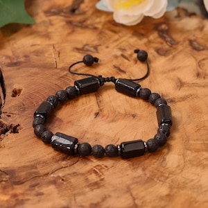Lava Stone Black Tourmaline Bracelet, Adjustable Protection & Grounding Jewelry, Essential Oil Diffuser Gift for Men/Women