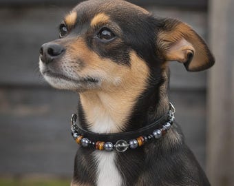 Tiger Eye Dog Collar, Crystal Pet Collar, Protection Gemstone Necklace, Terahertz & Clear Quartz, Luxury Handmade Pet Jewelry