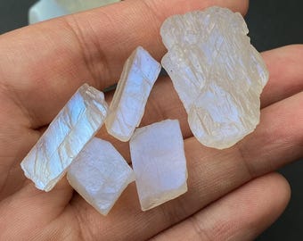 May include: Several raw, iridescent moonstone pieces are held in a hand. The stones vary in shape, with a milky white base and flashes of blue and rainbow colors. The background is a dark, neutral tone.