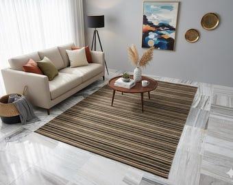 Handloom Wool Area Rug, Modern Brown Stripe Gabbeh Carpet