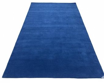 Solid Deep Blue Handloom Wool Rug | Modern Minimalist Area Carpet
