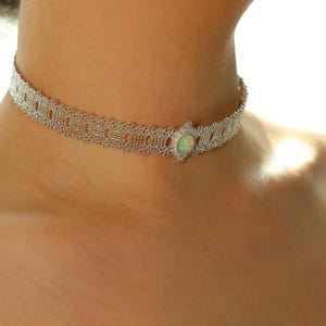 925 Hand-Made Sterling Silver Opal Choker Necklace, Vintage Chinese Statement Choker, Iridescent Opal Jewelry, Gift for Women, Gift for Her