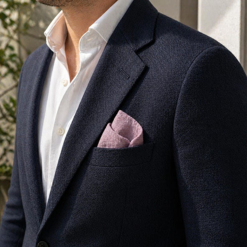 Dusty pink organic muslin handkerchief used as a stylish pocket square in a men's navy blue blazer. Rustic wedding groomsmen accessory, textured cotton hankie for men, sustainable suit styling, casual boho groom pocket square.