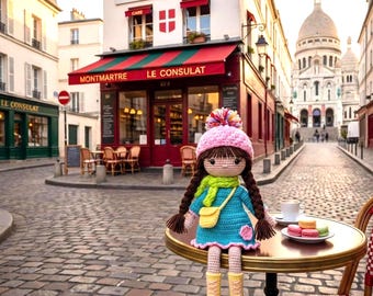 オーガニックかぎ針編み人形「エミリー」 - 手作りあみぐるみおもちゃ - 鮮やかなパリスタイル - 誕生日プレゼント