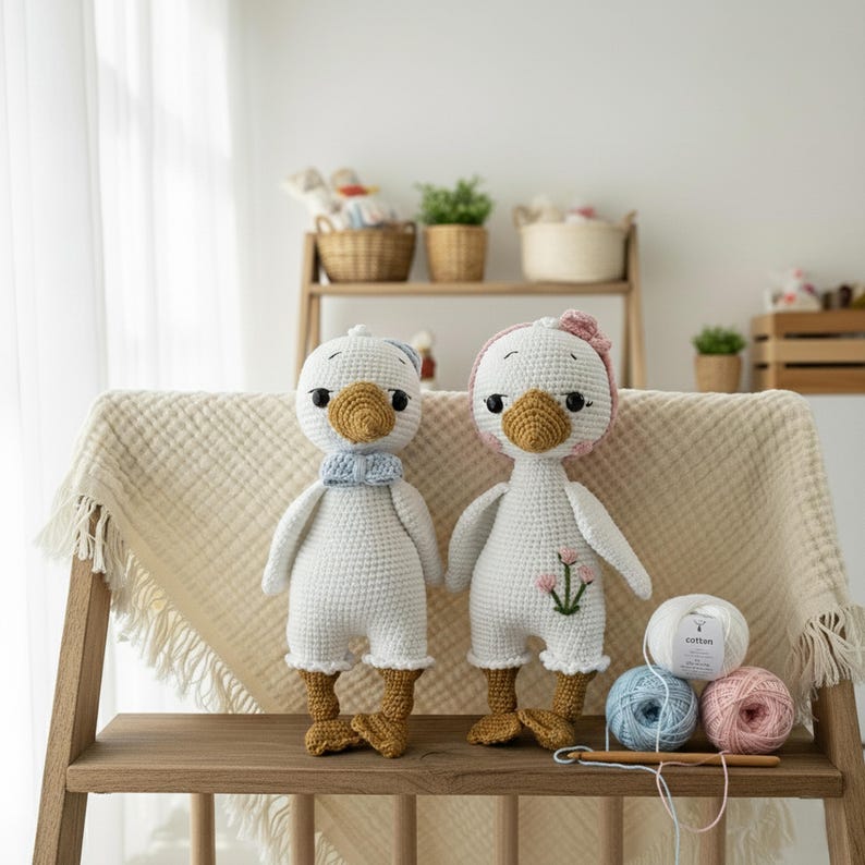 Handmade amigurumi crochet goose dolls (boy and girl), standing on a wooden shelf in a nursery room, accompanied by cotton yarn skeins and a crochet hook. Perfect baby shower gift or unique nursery decor.