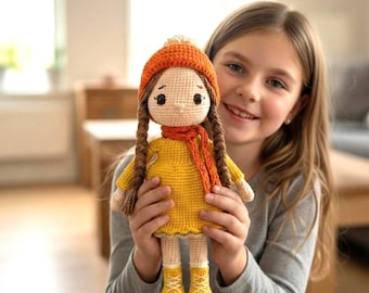 オーガニックかぎ針編み人形：「アンバー」 - 手作りあみぐるみおもちゃ - ボヘミアン風子供部屋装飾 - 女の子への家宝ギフト - 誕生日プレゼント