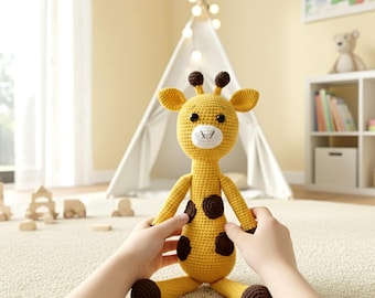 手作りかぎ針編みのキリンあみぐるみ人形：オーガニックコットン製動物 - 誕生日プレゼント - ベビーシャワーギフト