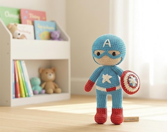 手作りかぎ針編みのスーパーヒーロー人形：オーガニックコットンの編みぐるみおもちゃ - 誕生日プレゼント