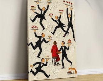 Vintage Restaurant Canvas Print, Tiny People Servers, Fun Bar Decor
