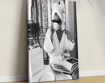 Woman Drinking Coffee Print, Black and White Canvas Wall Art