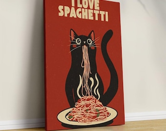 Hungry Cat Spaghetti Print, Humorous Poster, Funny Wall Art for Kitchen