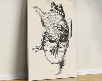 Stampa retrò di una rana sul water, originale decorazione murale per il bagno, poster decorativo con rana